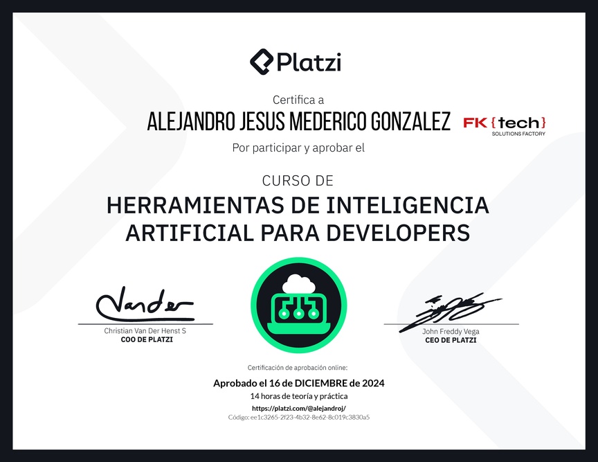 Diploma del Curso de Herramientas de Inteligencia Artificial para Developers (2023)