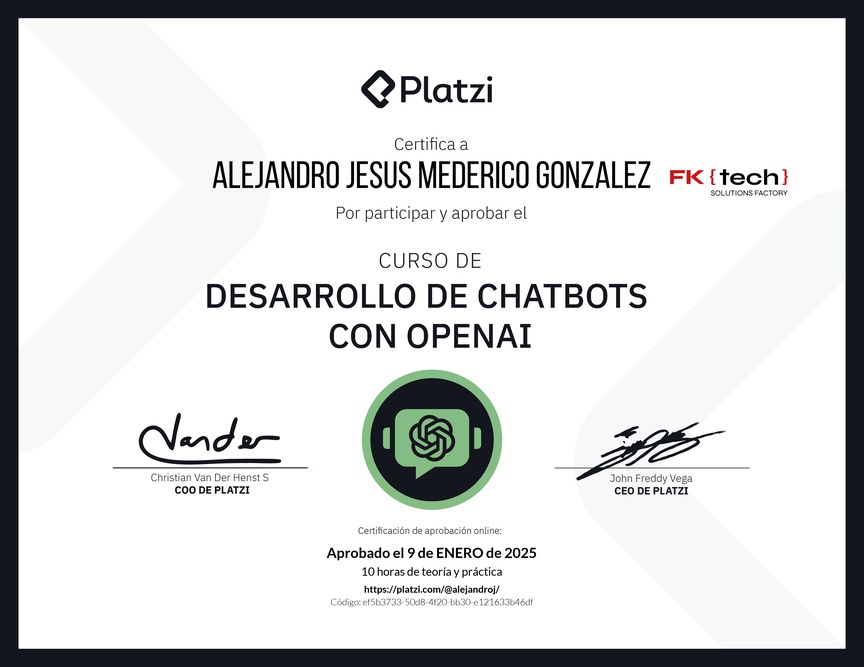 Diploma del Curso de Desarrollo de Chatbots con OpenAI