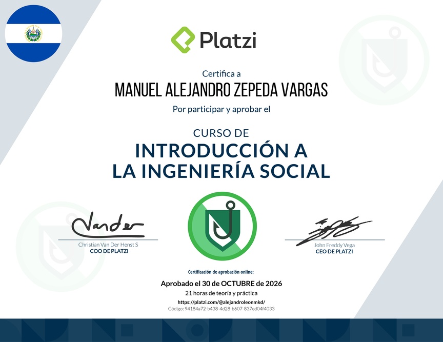 Diploma del Curso de Introducción a la Ingeniería Social: Técnicas, Ataques y Pretexting