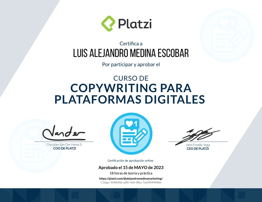 Diploma del Curso de Copywriting para Plataformas Digitales
