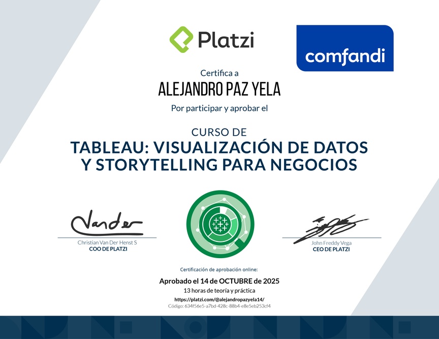 Diploma del Curso de Tableau: Visualización de Datos y Storytelling para Negocios
