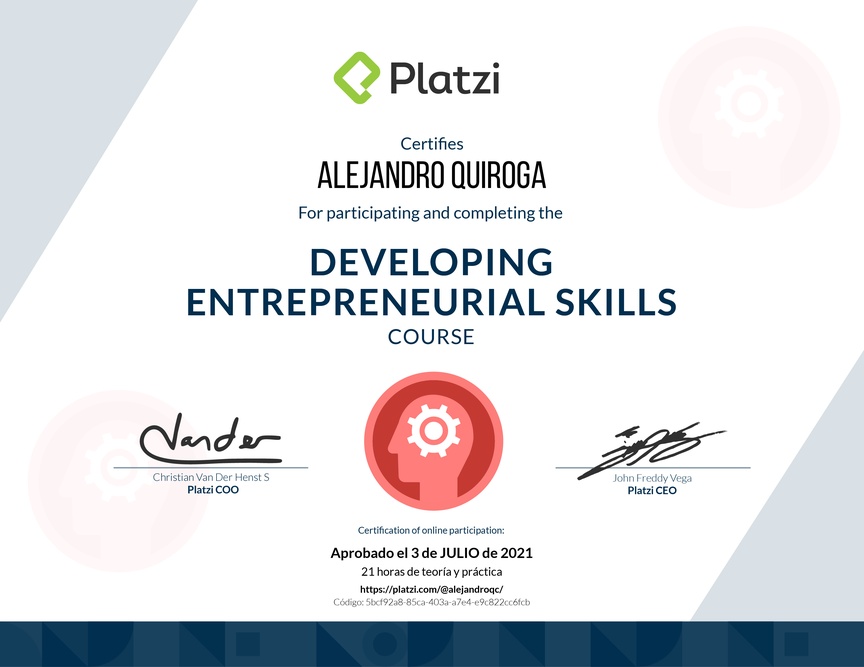 Diploma del Curso de Innovación para Emprendimiento