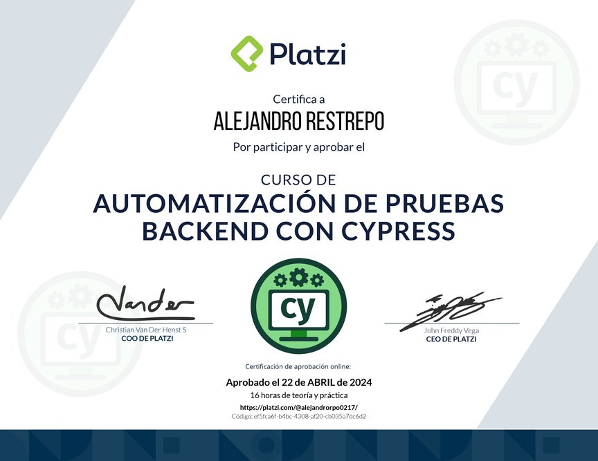 Diploma del Curso de Automatización de Pruebas de Backend con Cypress