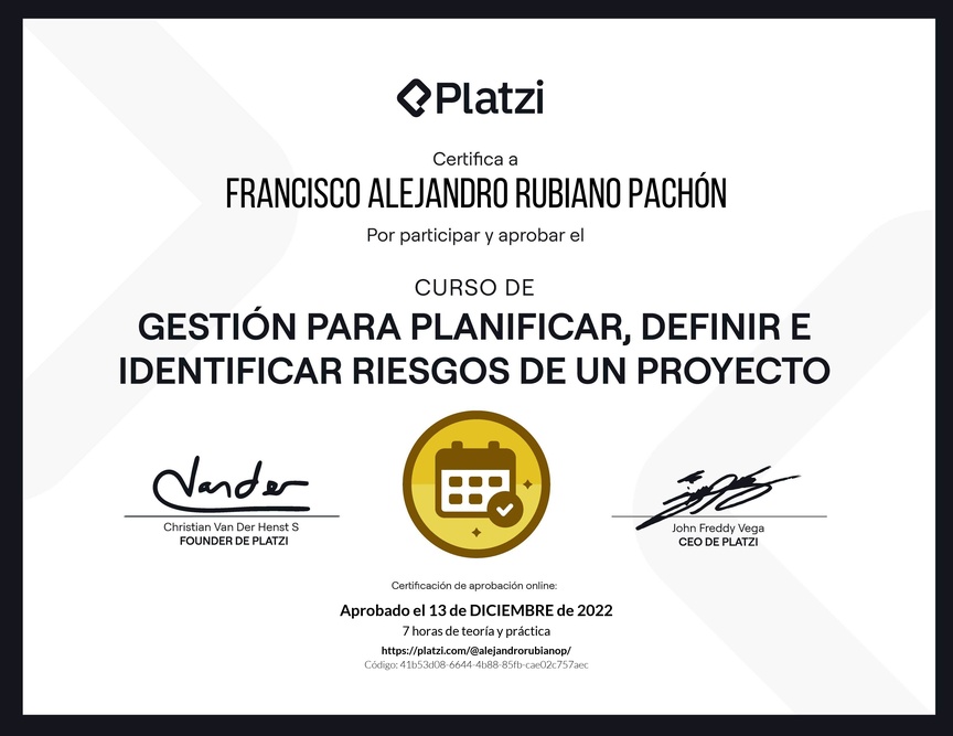 Diploma del Curso de Gestión para Planificar, Definir e Identificar Riesgos de un Proyecto