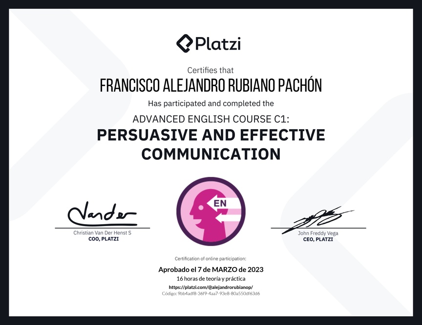 Diploma del Curso de Inglés Avanzado: Comunicación Persuasiva  y Efectiva (2021)