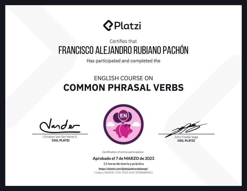 Diploma del Curso de Phrasal Verbs Comunes en Inglés