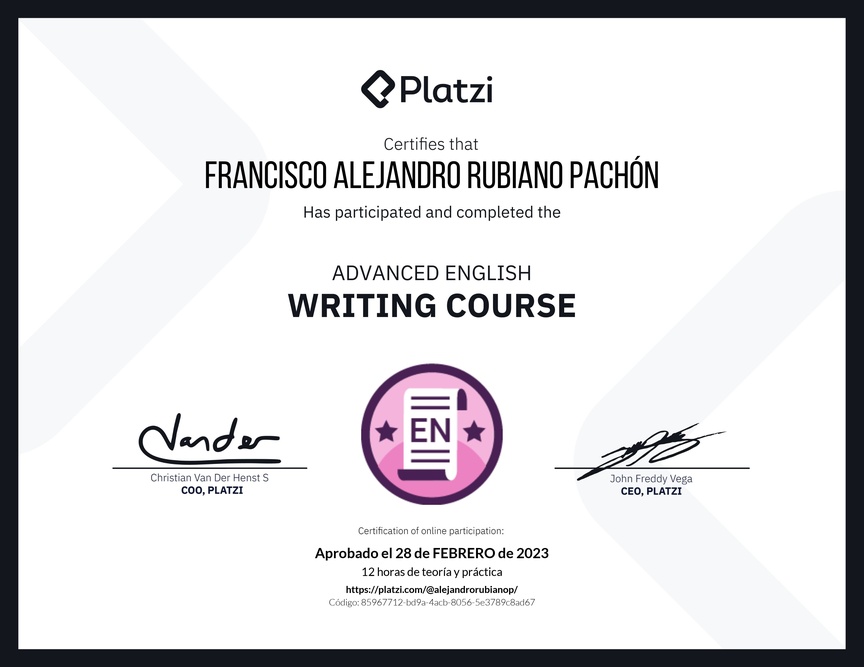 Diploma del Curso Avanzado de Escritura en Inglés