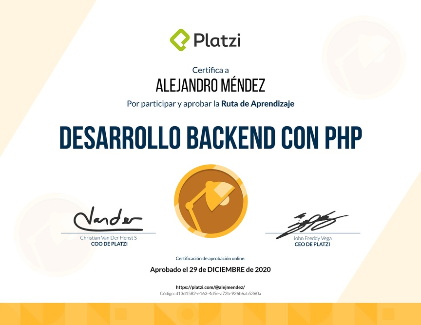 Diploma de la Ruta de Aprendizaje de Desarrollo Web Backend con PHP