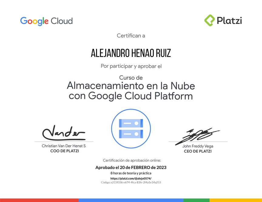 Diploma del Curso de Almacenamiento en la Nube con Google Cloud Platform