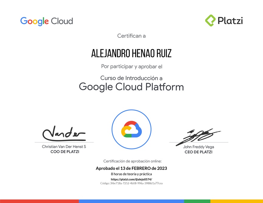 Diploma del Curso de Introducción a Google Cloud Platform