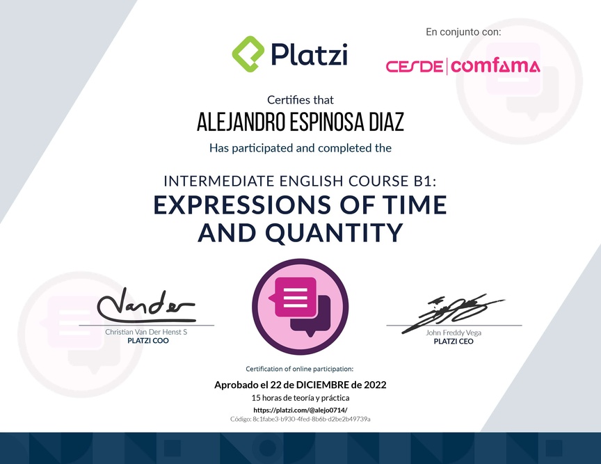Diploma del Curso de Inglés Intermedio: Expresiones de Tiempo y Cantidad 2021
