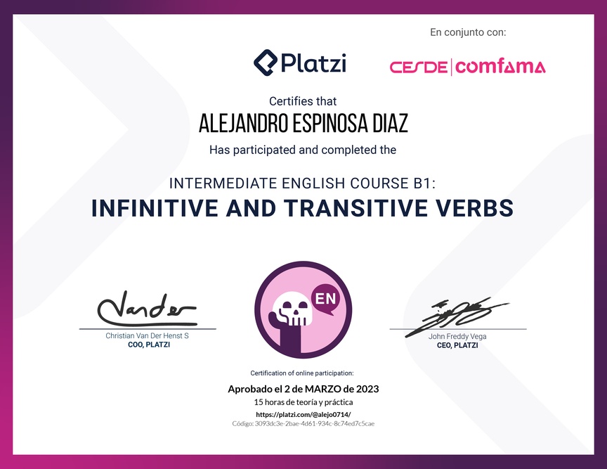 Diploma del Curso de Inglés Intermedio B1: Verbos Infinitivos y Transitivos (2021)