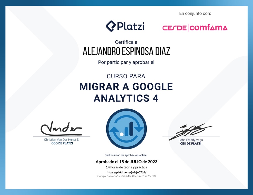 Diploma del Curso de Migración de Datos a Google Analytics 4