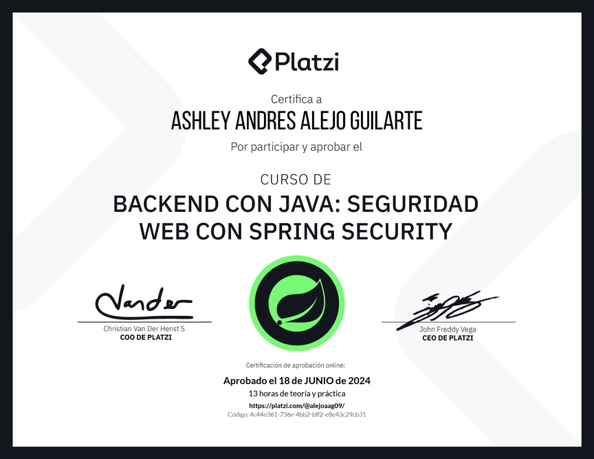 Diploma del Curso de Java Spring Security: Autenticación y Seguridad Web