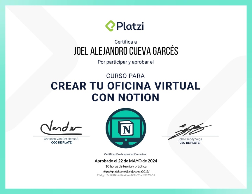 Diploma del Curso para Crear tu Oficina Virtual con Notion