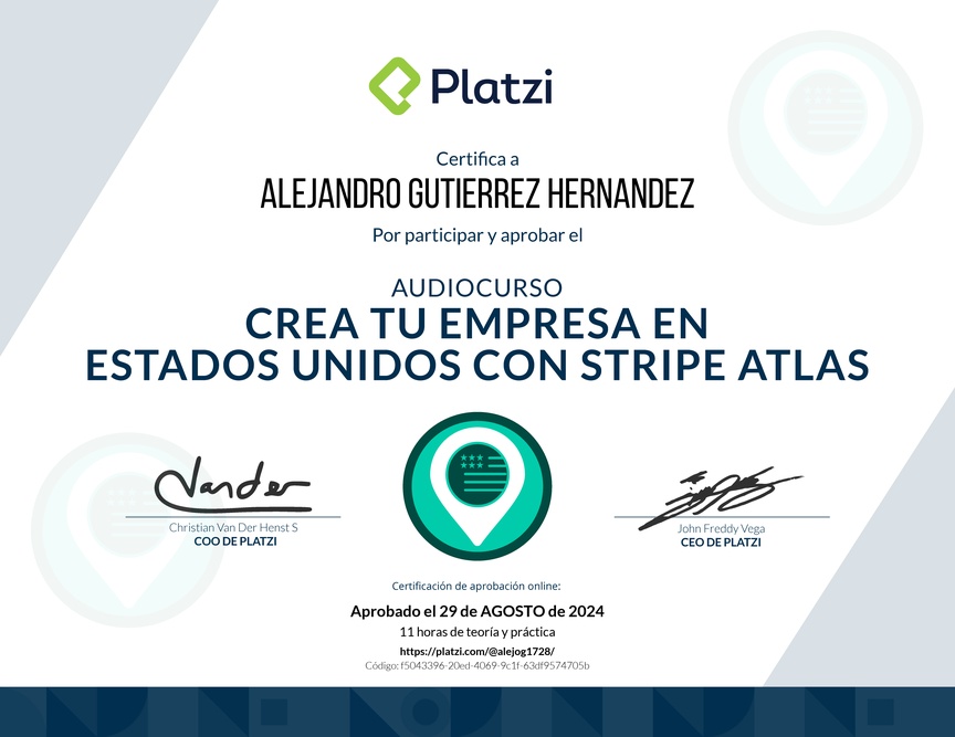Diploma de Audiocurso de Cómo Crear tu Empresa en Estados Unidos con Stripe Atlas