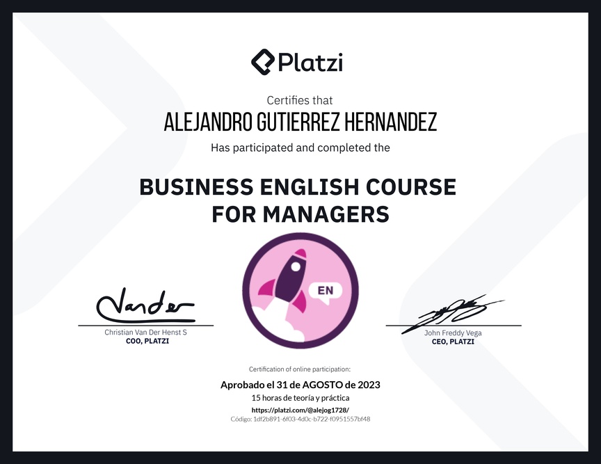 Diploma del Curso de Inglés de Negocios para Managers