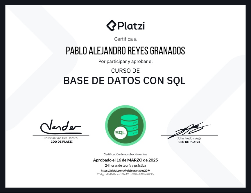 Diploma del Curso de Bases de Datos con SQL