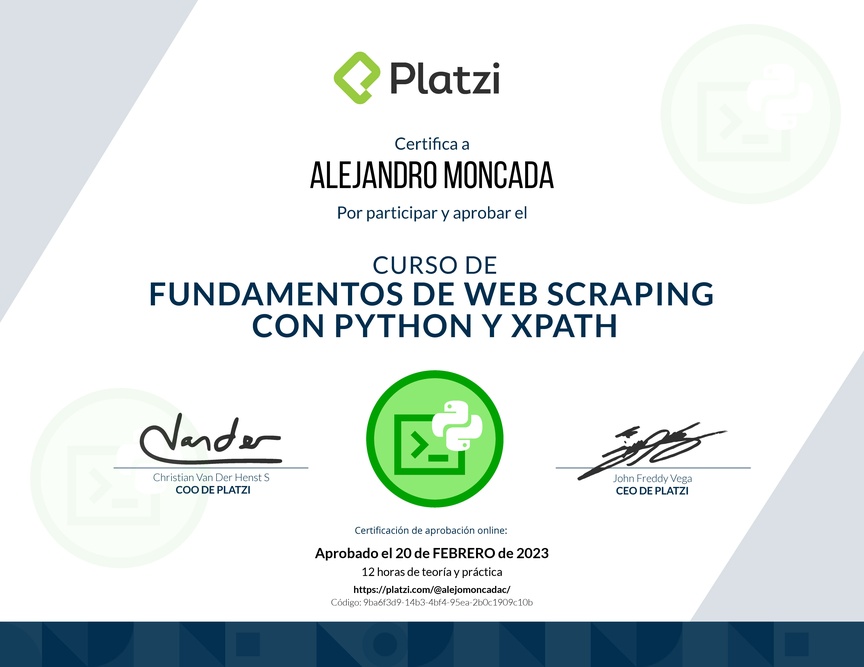 Diploma del Curso de Fundamentos de Web Scraping con Python y Xpath