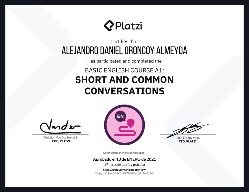Diploma del Curso de Inglés Básico A1: Conversaciones Cortas y Habituales (2020)