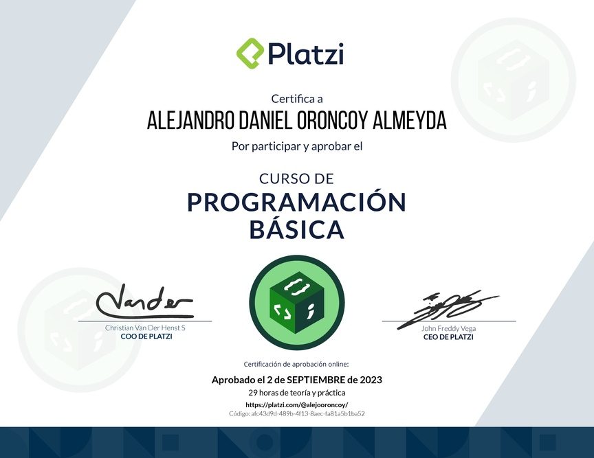 Diploma del Curso Gratis de Programación Básica 2022