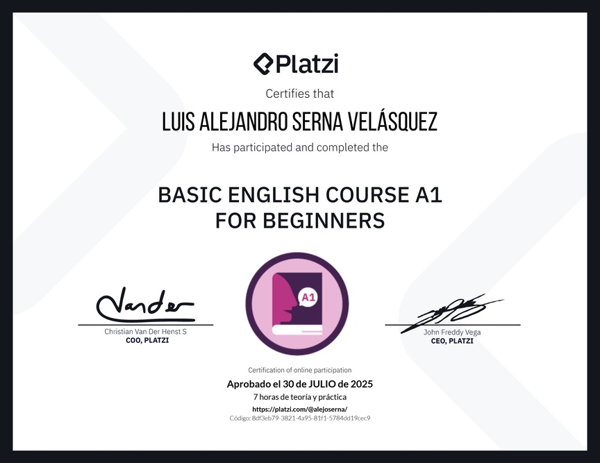 Diploma del Curso de Inglés Básico A1 para Principiantes