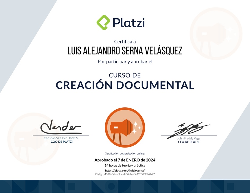 Diploma del Curso para Crear Contenido con Enfoque Documental