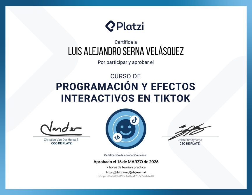 Diploma del Curso de Programación y Efectos Interactivos en TikTok