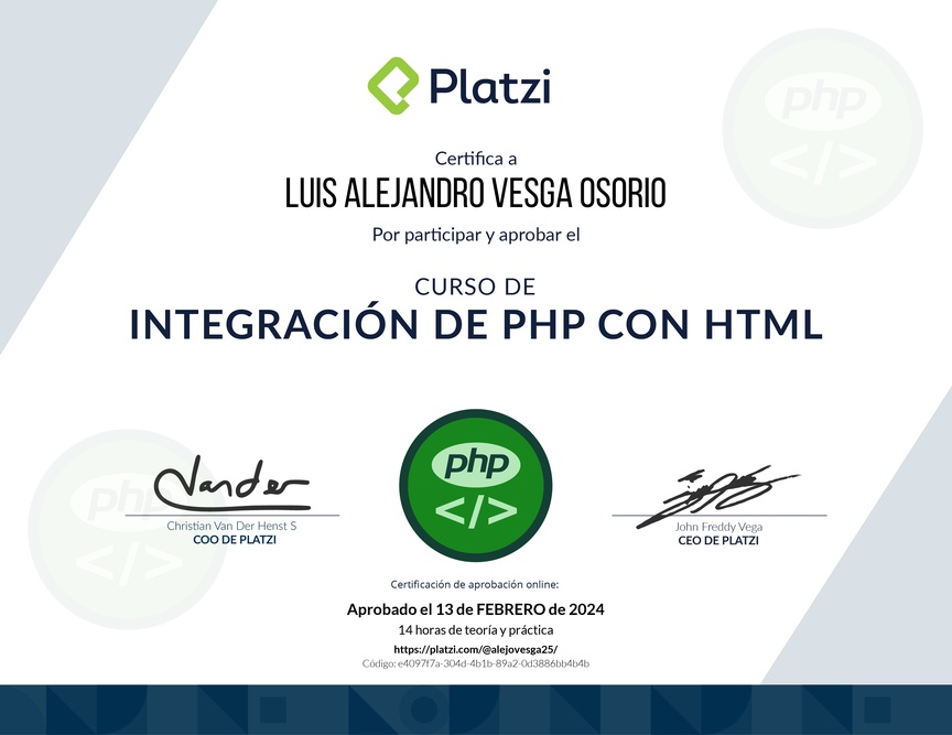 Diploma del Curso de PHP: Integración con HTML