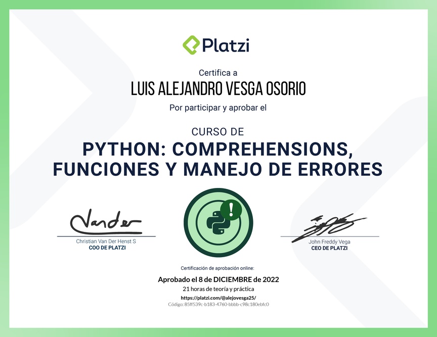 Diploma del Curso de Python: Comprehensions, Funciones y Manejo de Errores