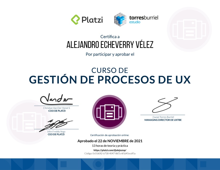 Diploma del Curso de Gestión de Procesos UX