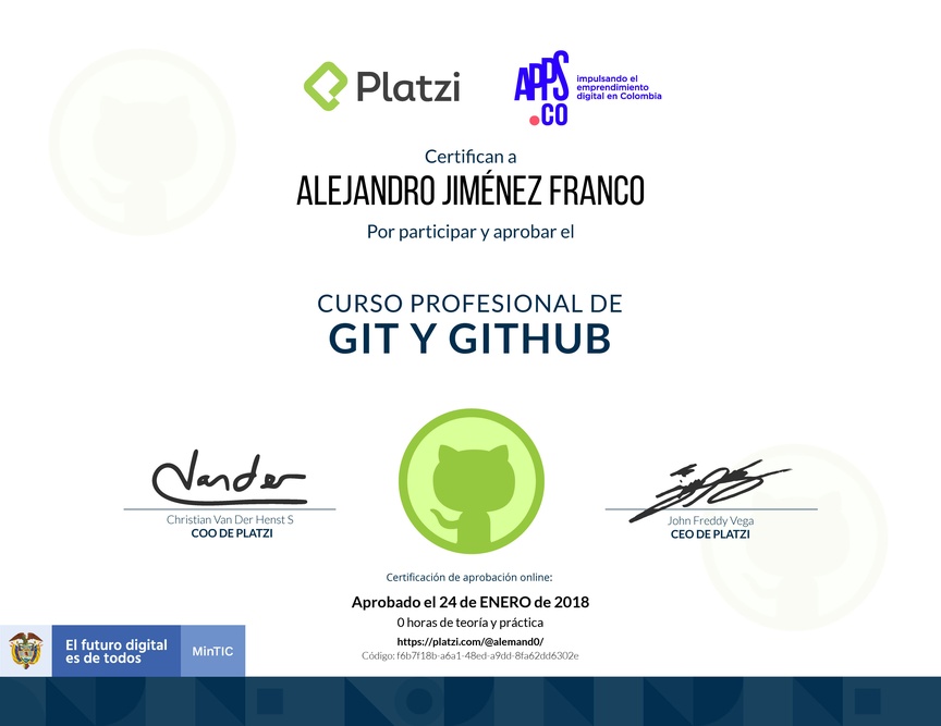 Diploma de [Appsco] Curso profesional de Git y GitHub 2017
