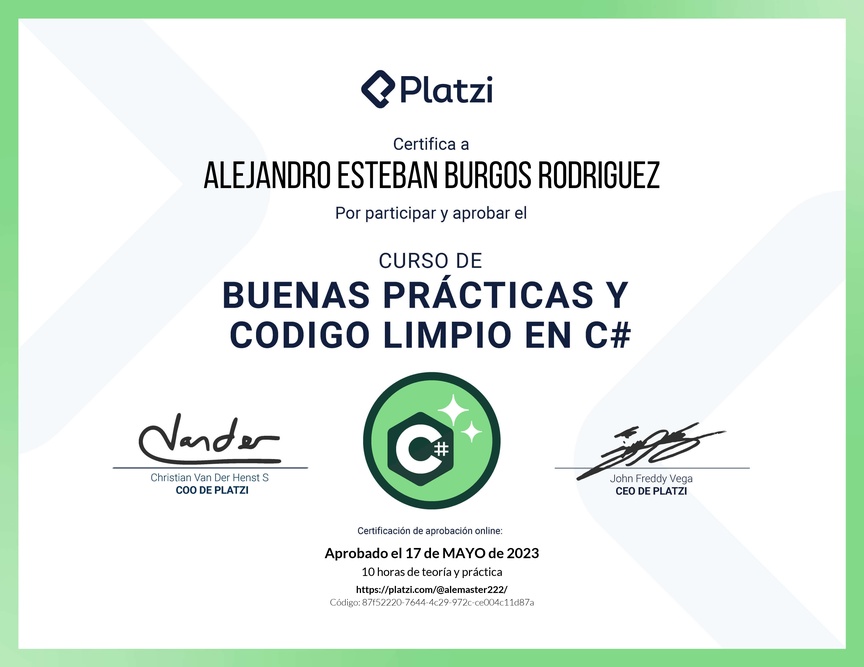Diploma del Curso de Buenas Prácticas y Código Limpio en C#