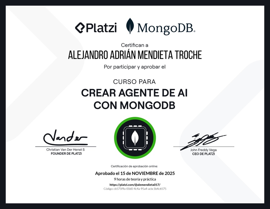 Diploma del Curso para Crear Agentes de AI con MongoDB