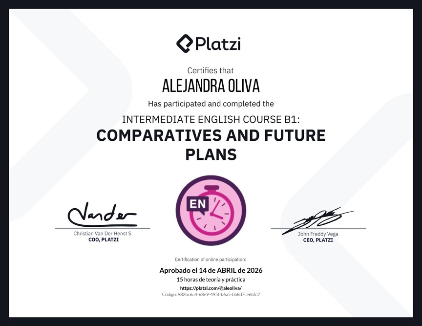 Diploma del Curso de Inglés Intermedio B1: Comparativos y Planes Futuros