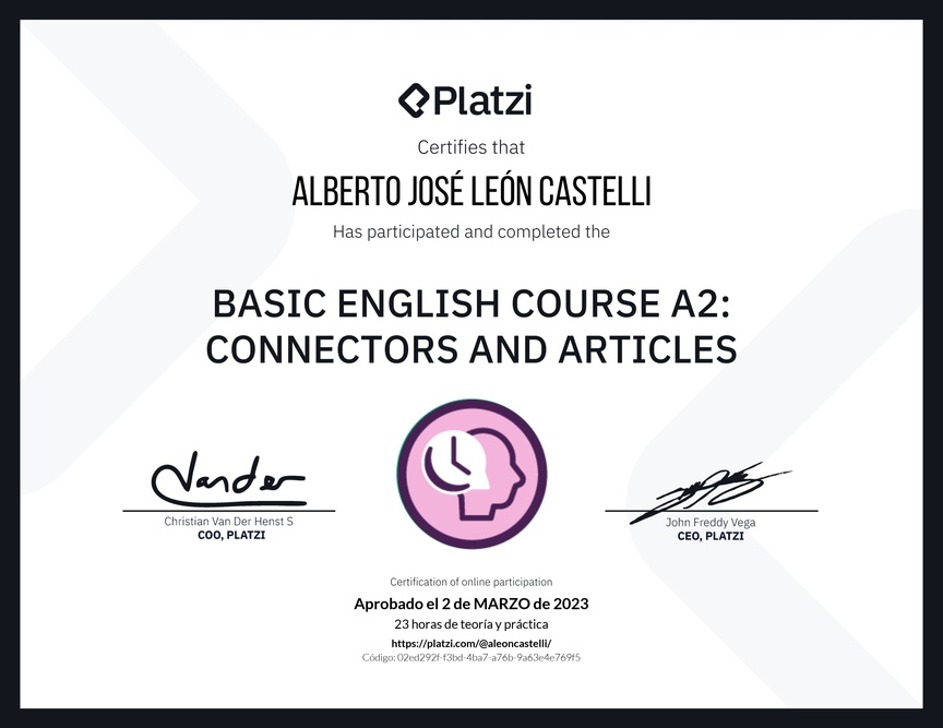 Diploma del Curso de Inglés Básico A2: Conectores y Artículos