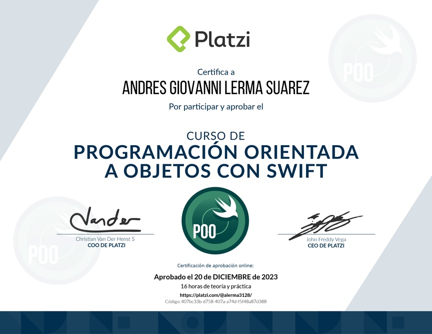 Diploma del Curso de Programación Orientada a Objetos en Swift
