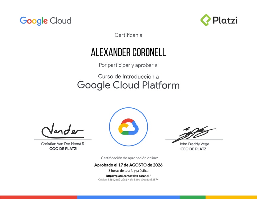Diploma del Curso de Introducción a Google Cloud Platform