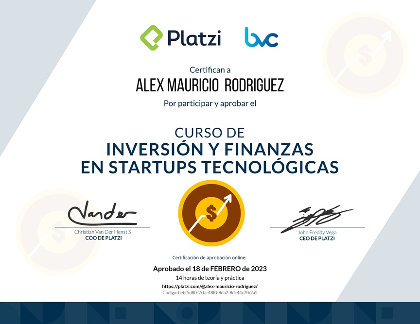 Diploma del Curso de Inversión y Finanzas en Startups Tecnológicas