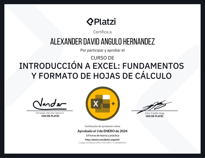 Diploma del Curso de Introducción a Excel para Principiantes: Fundamentos y Formato de Hojas de Cálculo
