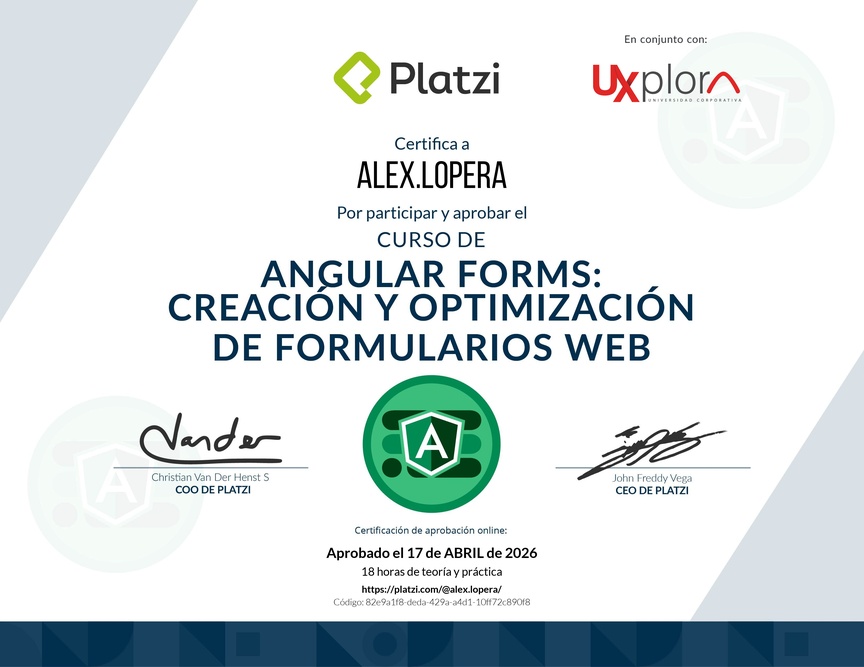 Diploma del Curso de Angular Forms: Creación y Optimización de Formularios Web