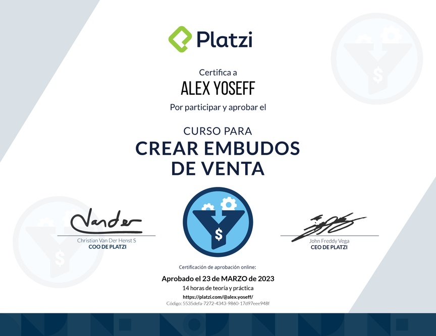 Diploma del Curso de Creación y Optimización de Embudos de Venta (2022)
