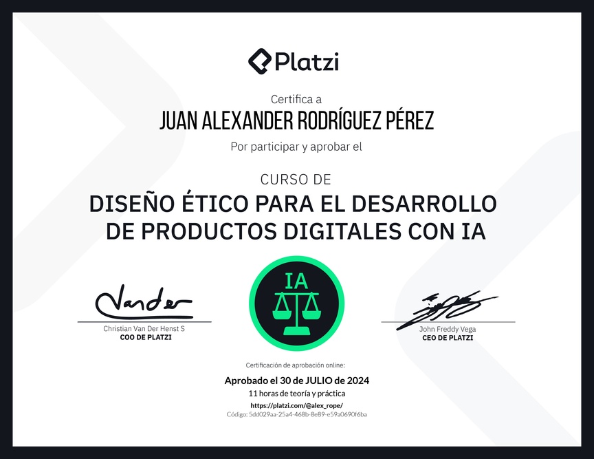 Diploma del Curso de Diseño Ético para el Desarrollo de Productos Digitales con IA