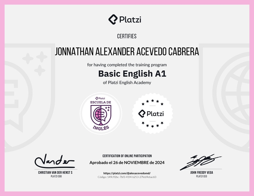 Diploma de la Ruta de Aprendizaje de Inglés Básico A1