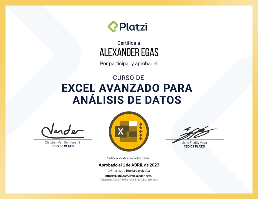 Diploma del Curso de Excel Avanzado para Análisis de Datos