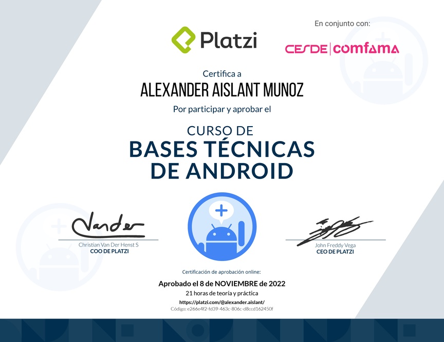 Diploma del Curso de Bases Técnicas de Android