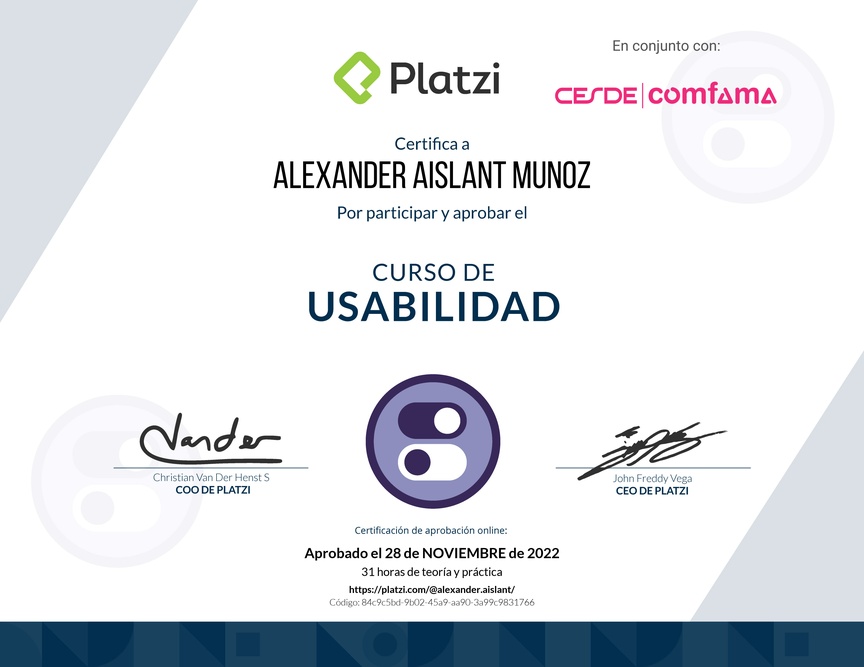 Diploma del Curso de Usabilidad: Principios, Pruebas y Herramientas Avanzadas