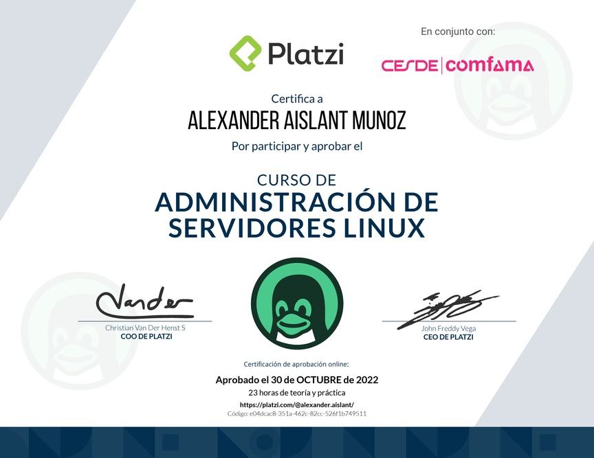 Diploma del Curso de Administración de Servidores Linux