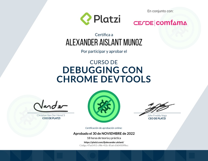 Diploma del Curso de Debugging con Chrome DevTools