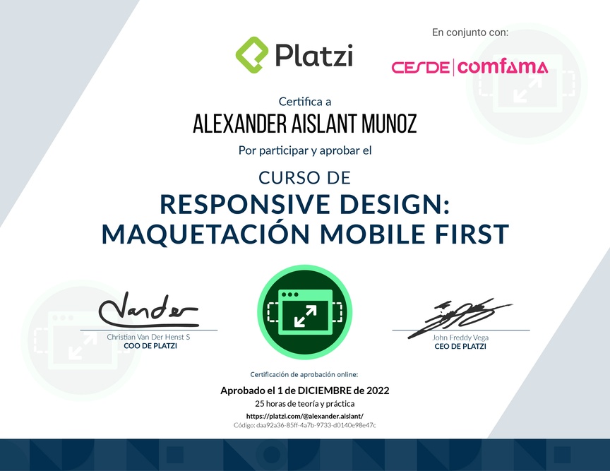 Diploma del Curso de Responsive Design: Maquetación Mobile First